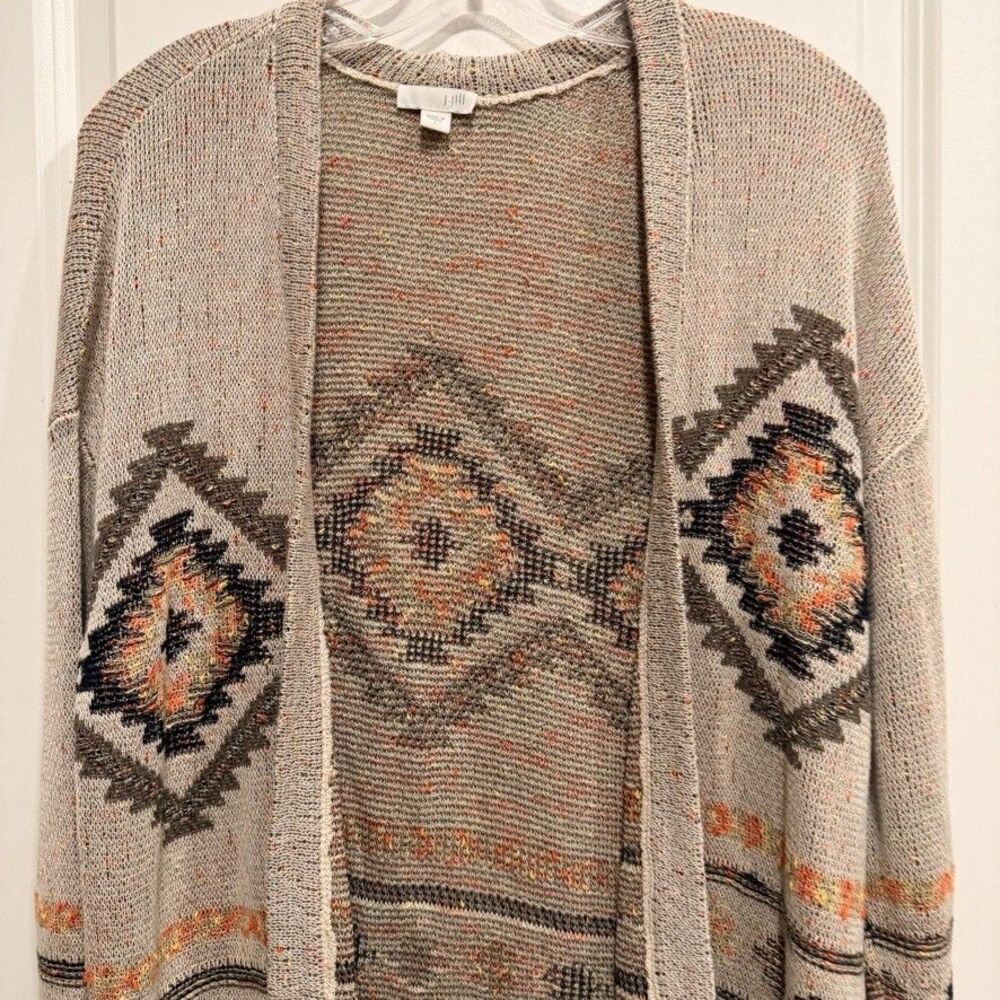 J Jill Womens Large Open Front Cardigan Aztec Western Boho Intarsia Knit Oatmeal - Picture 2 of 10